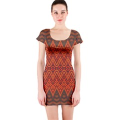 Boho Rust Orange Brown Pattern Short Sleeve Bodycon Dress by SpinnyChairDesigns