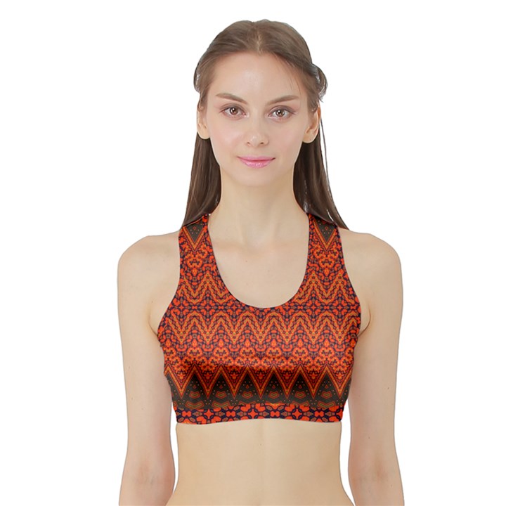 Boho Rust Orange Brown Pattern Sports Bra with Border