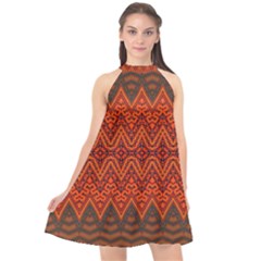 Boho Rust Orange Brown Pattern Halter Neckline Chiffon Dress  by SpinnyChairDesigns