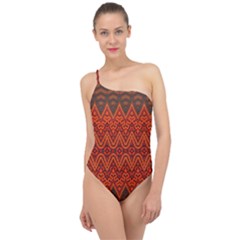 Boho Rust Orange Brown Pattern Classic One Shoulder Swimsuit by SpinnyChairDesigns