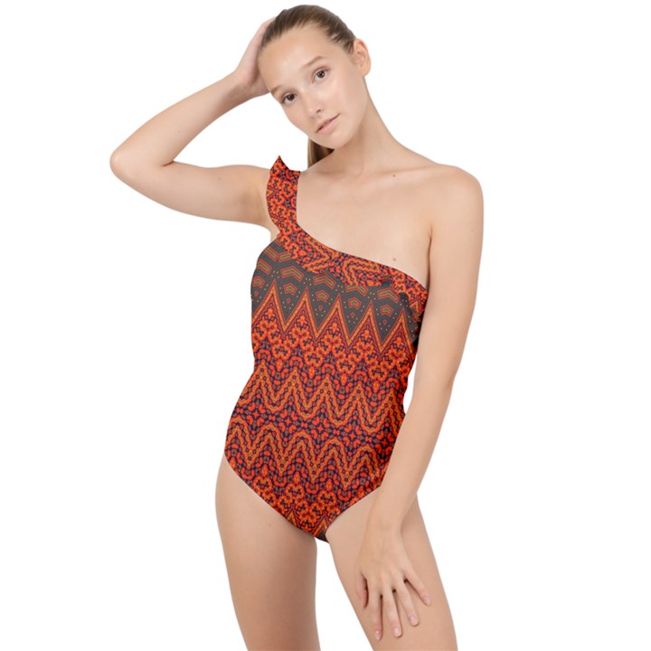 Boho Rust Orange Brown Pattern Frilly One Shoulder Swimsuit