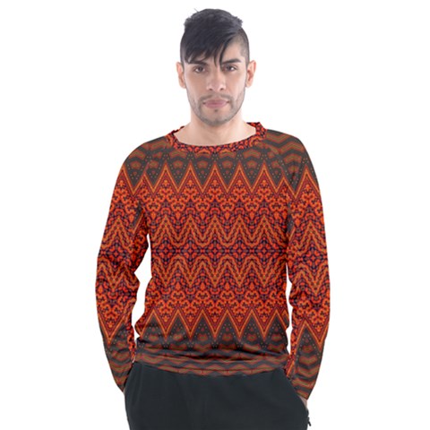 Boho Rust Orange Brown Pattern Men s Long Sleeve Raglan Tee by SpinnyChairDesigns