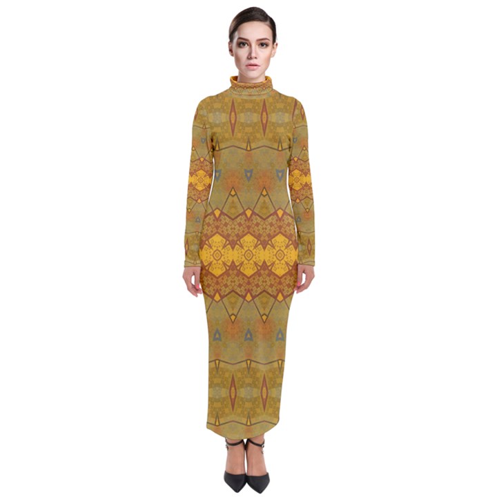 Boho Old Gold Pattern Turtleneck Maxi Dress