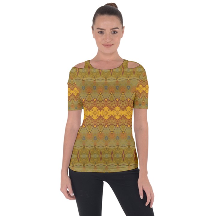 Boho Old Gold Pattern Shoulder Cut Out Short Sleeve Top