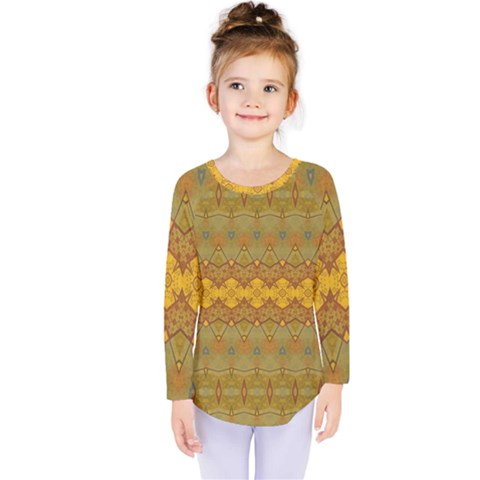 Boho Old Gold Pattern Kids  Long Sleeve Tee by SpinnyChairDesigns