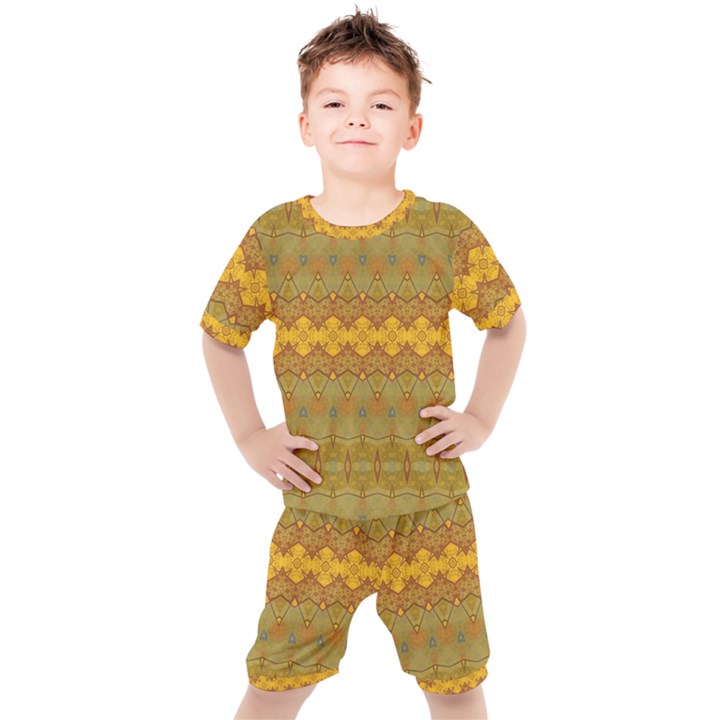 Boho Old Gold Pattern Kids  Tee and Shorts Set