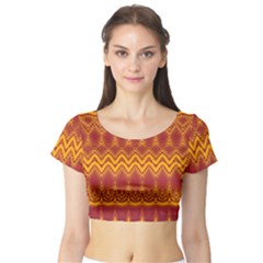 Boho Red Gold Pattern Short Sleeve Crop Top by SpinnyChairDesigns