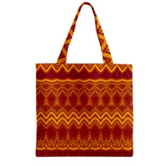 Boho Red Gold Pattern Zipper Grocery Tote Bag by SpinnyChairDesigns