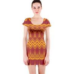 Boho Red Gold Pattern Short Sleeve Bodycon Dress by SpinnyChairDesigns