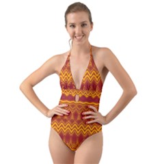 Boho Red Gold Pattern Halter Cut-out One Piece Swimsuit by SpinnyChairDesigns