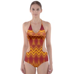 Boho Red Gold Pattern Cut-out One Piece Swimsuit by SpinnyChairDesigns