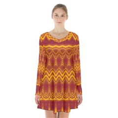 Boho Red Gold Pattern Long Sleeve Velvet V-neck Dress by SpinnyChairDesigns