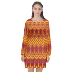 Boho Red Gold Pattern Long Sleeve Chiffon Shift Dress  by SpinnyChairDesigns