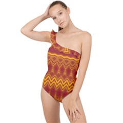 Boho Red Gold Pattern Frilly One Shoulder Swimsuit by SpinnyChairDesigns