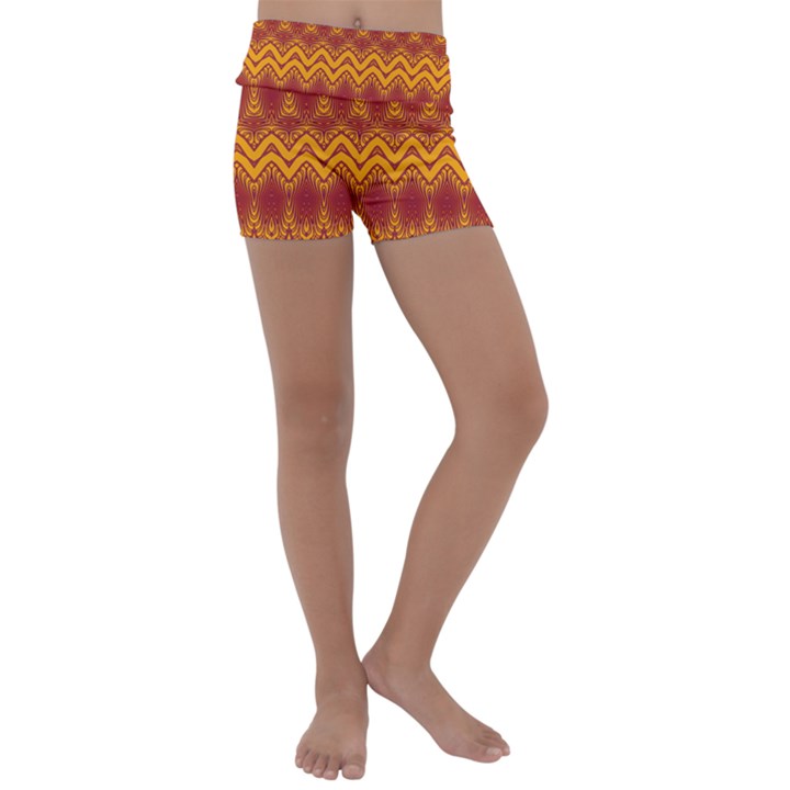 Boho Red Gold Pattern Kids  Lightweight Velour Yoga Shorts