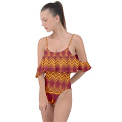 Boho Red Gold Pattern Drape Piece Swimsuit by SpinnyChairDesigns