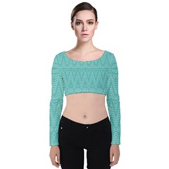 Boho Teal Pattern Velvet Long Sleeve Crop Top by SpinnyChairDesigns