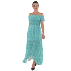 Boho Teal Pattern Off Shoulder Open Front Chiffon Dress by SpinnyChairDesigns