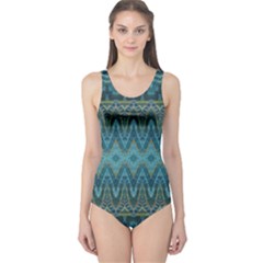 Boho Teal Blue Pattern One Piece Swimsuit by SpinnyChairDesigns