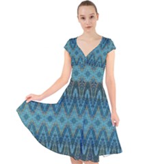 Boho Teal Blue Pattern Cap Sleeve Front Wrap Midi Dress by SpinnyChairDesigns