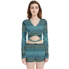 Boho Teal Blue Pattern Velvet Wrap Crop Top