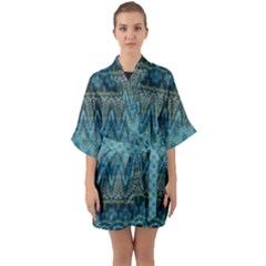 Boho Teal Blue Pattern Half Sleeve Satin Kimono  by SpinnyChairDesigns