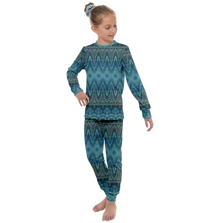 Boho Teal Blue Pattern Kids  Long Sleeve Set 