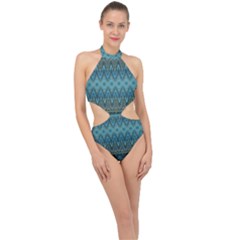 Boho Teal Blue Pattern Halter Side Cut Swimsuit by SpinnyChairDesigns