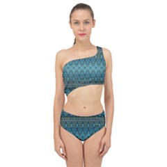 Boho Teal Blue Pattern Spliced Up Two Piece Swimsuit by SpinnyChairDesigns