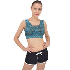 Boho Teal Blue Pattern V-back Sports Bra by SpinnyChairDesigns