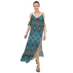 Boho Teal Blue Pattern Maxi Chiffon Cover Up Dress by SpinnyChairDesigns