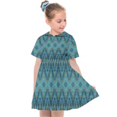 Boho Teal Blue Pattern Kids  Sailor Dress by SpinnyChairDesigns