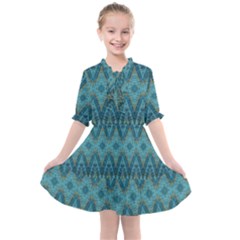 Boho Teal Blue Pattern Kids  All Frills Chiffon Dress by SpinnyChairDesigns