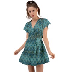 Boho Teal Blue Pattern Flutter Sleeve Wrap Dress by SpinnyChairDesigns