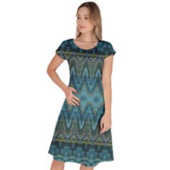 Boho Teal Blue Pattern Classic Short Sleeve Dress by SpinnyChairDesigns