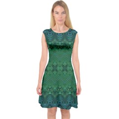 Boho Emerald Green And Blue  Capsleeve Midi Dress by SpinnyChairDesigns