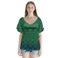 Boho Emerald Green And Blue  V-neck Flutter Sleeve Top by SpinnyChairDesigns