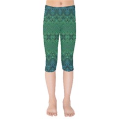 Boho Emerald Green And Blue  Kids  Capri Leggings  by SpinnyChairDesigns