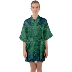 Boho Emerald Green And Blue  Half Sleeve Satin Kimono  by SpinnyChairDesigns