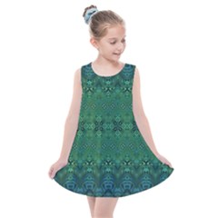 Boho Emerald Green And Blue  Kids  Summer Dress by SpinnyChairDesigns