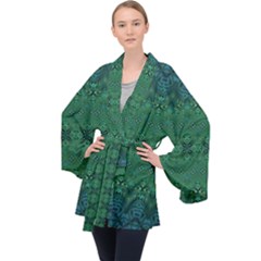 Boho Emerald Green And Blue  Long Sleeve Velvet Kimono  by SpinnyChairDesigns