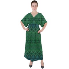 Boho Emerald Green And Blue  V-neck Boho Style Maxi Dress by SpinnyChairDesigns