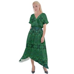 Boho Emerald Green And Blue  Cross Front Sharkbite Hem Maxi Dress by SpinnyChairDesigns