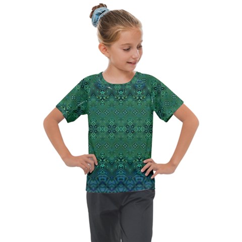 Boho Emerald Green And Blue  Kids  Mesh Piece Tee by SpinnyChairDesigns