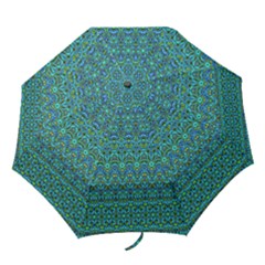 Boho Teal Green Blue Pattern Folding Umbrellas by SpinnyChairDesigns