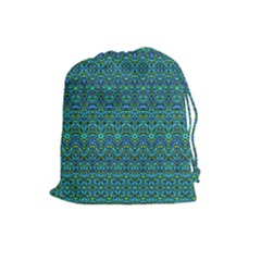 Boho Teal Green Blue Pattern Drawstring Pouch (large) by SpinnyChairDesigns