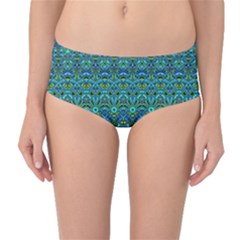 Boho Teal Green Blue Pattern Mid-waist Bikini Bottoms by SpinnyChairDesigns