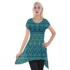 Boho Teal Green Blue Pattern Short Sleeve Side Drop Tunic by SpinnyChairDesigns