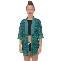 Boho Teal Green Blue Pattern Open Front Chiffon Kimono by SpinnyChairDesigns