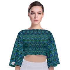 Boho Teal Green Blue Pattern Tie Back Butterfly Sleeve Chiffon Top by SpinnyChairDesigns